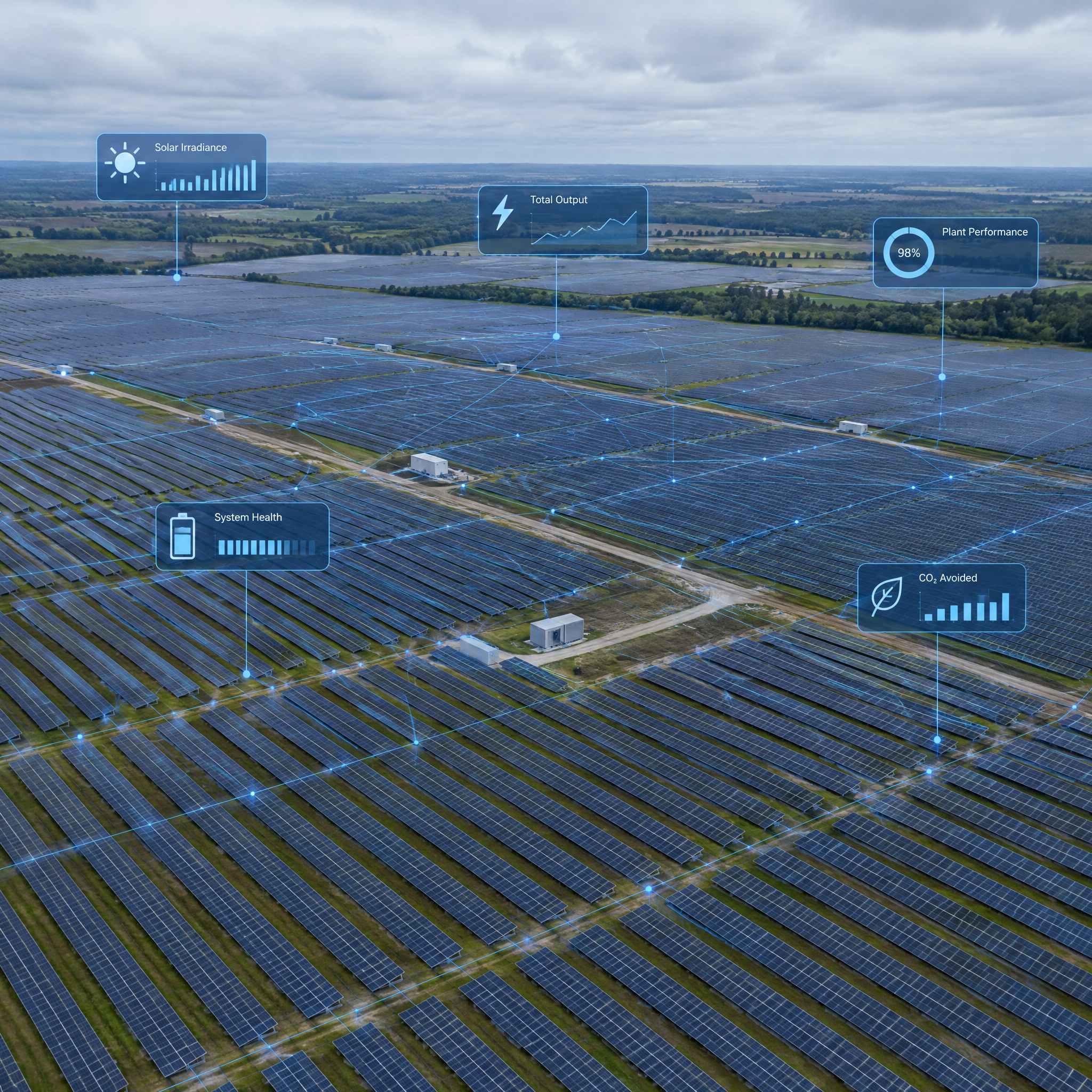 Projetos de geração solar em larga escala para empresas e fazendas.